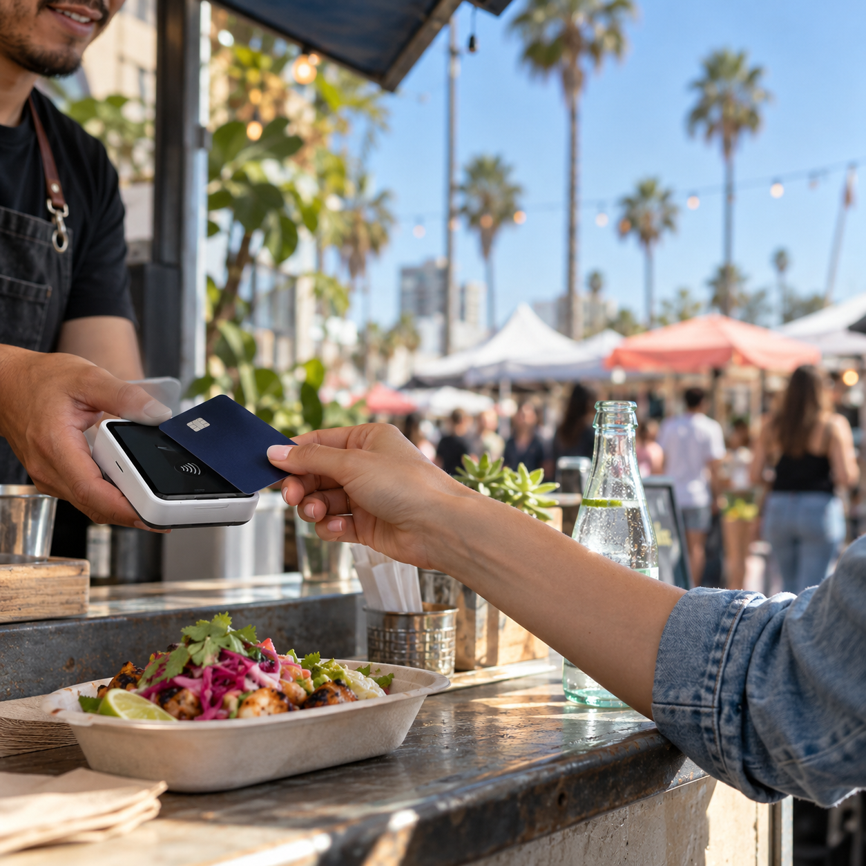 A traveller paying for lunch at an open-air Los Angeles market